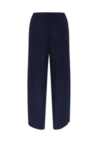 Marineblauwe wijde broek van lichtgewicht stof, met een elastische tailleband en een gladde textuur, zonder zichtbare patronen of accenten.