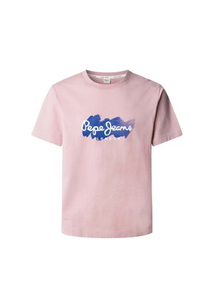 T-shirt in cotone rosa con un design grafico blu e bianco e il testo "Pepe Jeans LONDON" centrato sulla parte frontale. Maniche corte, collo rotondo.