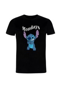 Czarny bawełniany t-shirt z ilustracją niebieskiej postaci z dużymi uszami i skrzyżowanymi ramionami, u góry biały napis "Mondays".
