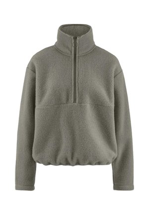 Pullover in pile grigio con colletto alto e design a mezza zip, caratterizzato da una texture morbida e orlo elasticizzato per una vestibilità rilassata.