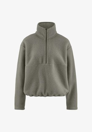 Grau Fleece-Pullover mit hohem Kragen und halber Reißverschluss-Konstruktion, der eine weiche Textur und einen elastischen Saum für eine entspannte Passform bietet.