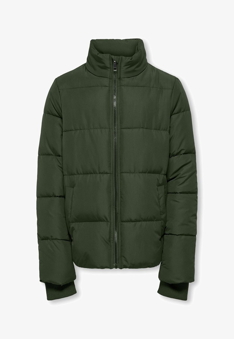 Zelena napihnjena jakna z visokim ovratnikom, sprednjim zadrgo, horizontalnim prešitim dizajnom in rebrovanimi manšetami za dodatno udobje. Lahka materiala.