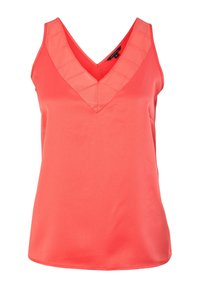 Haut sans manches corail avec un col en V et un panneau texturé. Fabriqué en tissu lisse, le design est simple et ajusté à la taille.