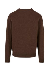Brauner, gestrickter Pullover mit langen Ärmeln, Rundhalsausschnitt und Rippbund. Bietet eine glatte Textur und ein minimalistisches Design ohne Verzierungen.