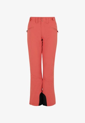 Pantaloni da neve corallo con una vestibilità slim, tessuto elasticizzato, vita regolabile, tasche con zip e dettagli neri sui polsini.
