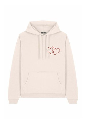 Felpa crema con tasca frontale, caratterizzata da un contorno rosso di due cuori sovrapposti sul lato sinistro del petto. Realizzata in materiale misto cotone.