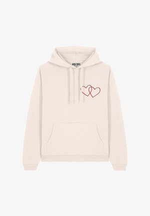 Felpa crema con tasca frontale, caratterizzata da un contorno rosso di due cuori sovrapposti sul lato sinistro del petto. Realizzata in materiale misto cotone.