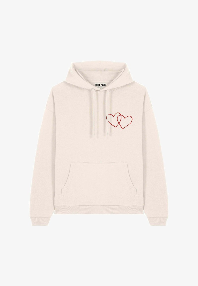 Felpa crema con tasca frontale, caratterizzata da un contorno rosso di due cuori sovrapposti sul lato sinistro del petto. Realizzata in materiale misto cotone.