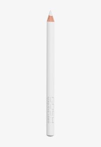 Biały ołówek do oczu z ostrym końcem i lekko teksturowanym zakończeniem. Na produkcie znajduje się srebrny tłoczony napis "GOSH" oraz "Kohl Eye Liner."