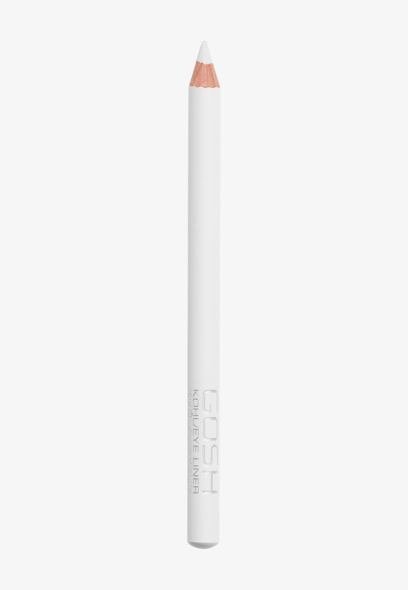 Biały ołówek do oczu z ostrym końcem i lekko teksturowanym zakończeniem. Na produkcie znajduje się srebrny tłoczony napis "GOSH" oraz "Kohl Eye Liner."