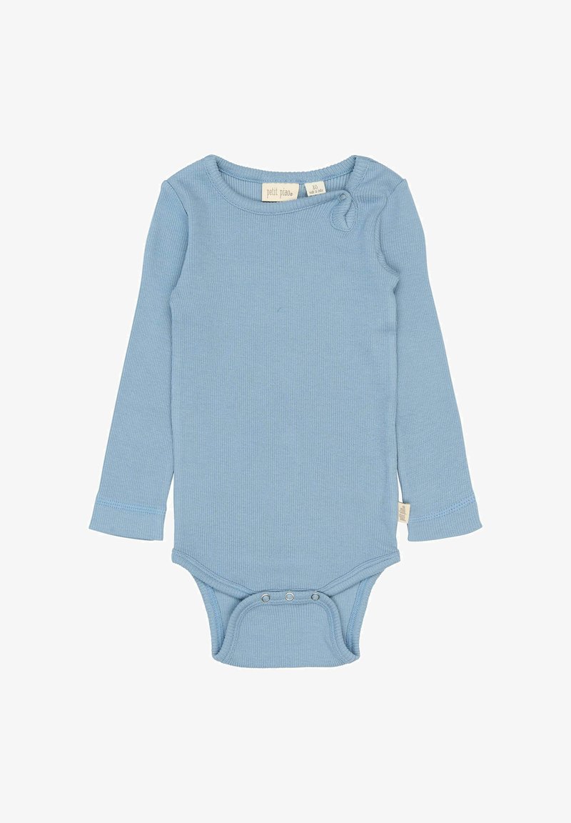 Világoskék, hosszú ujjú body, bordázott anyagból készült, kerek nyakkal és patentos záródással az alján és a vállnál.