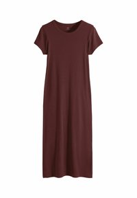 Bordó rövid ujjú ruha puha anyagból, laza szabással és oldalsó hasítékokkal a könnyű mozgás érdekében. Egyszerű, egyenes fazon.