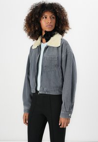 Gray striped cropped denim jacket with a cream shearling collar, featuring a front pocket and zipper closure. Accented with metal snaps.