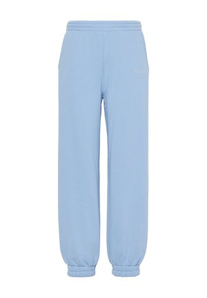 Hellblaue Sweatpants mit elastischem Bund und Bündchen, mit dezent gesticktem Logo am oberen linken Oberschenkel.