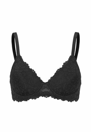 Sort blonde-bh med en trekantet form, tynde justerbare stropper, blomstermønster og en scallop-kant langs toppen og bunden.