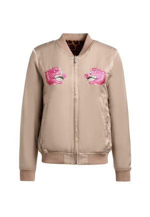 Hellbraune Bomberjacke mit Frontreißverschluss, gerippten Bündchen und pink bestickten Drachengesichtern, die Rosen auf der Brust halten, mit leopardgemustertem Innenfutter.