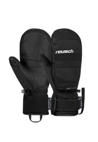 Schwarze Lederhandschuhe mit einem Softshell-Design, elastischen Bündchen und verstellbaren Riemen. Enthält ein Logo auf der Vorderseite und strukturierte Akzente.