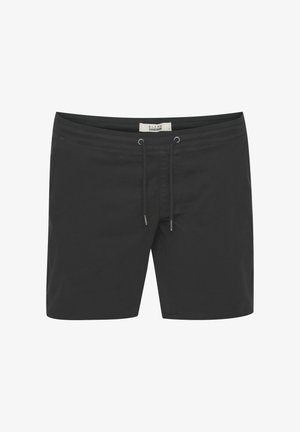 Black swim shorts made of lightweight fabric, featuring an elastic waistband with a drawstring and a simple, streamlined design.