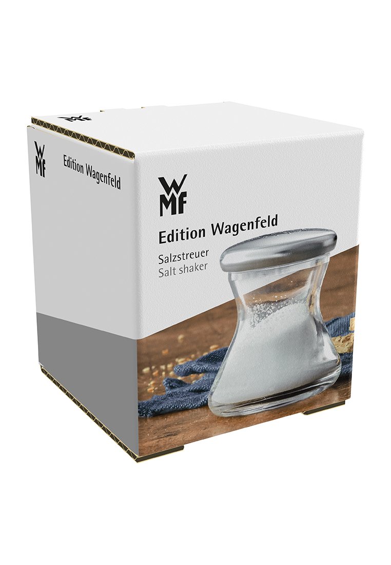 Glazen zoutvaatje met een metalen deksel, cilinder vorm en een gladde textuur. Verpakt in een witte kartonnen doos met bedrukte details.