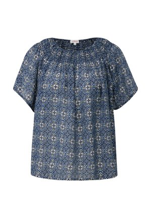 Blaue gemusterte Bluse mit kurzen Ärmeln, die einen elastischen gerafften Halsausschnitt besitzt und mit aufwendigen floralen und geometrischen Designs in Creme- und Grüntönen versehen ist.