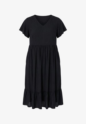 Zwarte midi-jurk met korte mouwen, V-hals, geplooide taille en gerimpelde zoom, geschikt voor casual of semi-formeel gebruik.