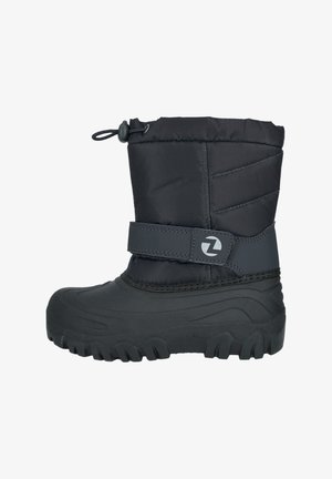 Sort vinterstøvle med en polstret nylonoverdel, gummi sål, justerbar snøre i toppen og en velcrolukning for en sikker pasform.