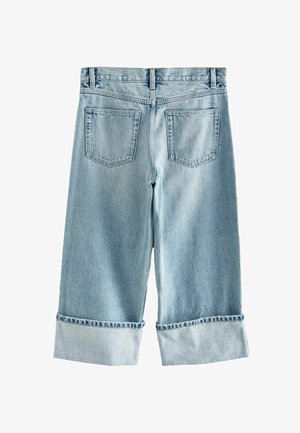 Lichtblauwe denim culottes met een middelhoge taille, opgerolde boorden en twee achterzakken, met een effen textuur en een klassiek ontwerp.