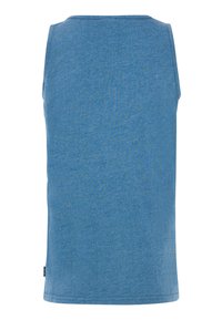 Blauwe mouwloze tanktop van zacht materiaal, met een ronde hals en een gladde textuur. Het ontwerp is eenvoudig zonder zichtbare patronen.