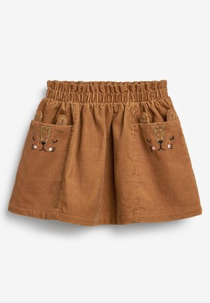 Jupe bébé en velours côtelé marron avec taille élastique et deux poches avant brodées de visages et oreilles d'ours endormi.