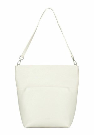 Weiße Leder-Schultertasche mit verstellbarem Riemen und silbernen Verschlüssen, mit minimalistischem Design und strukturierter Oberfläche.