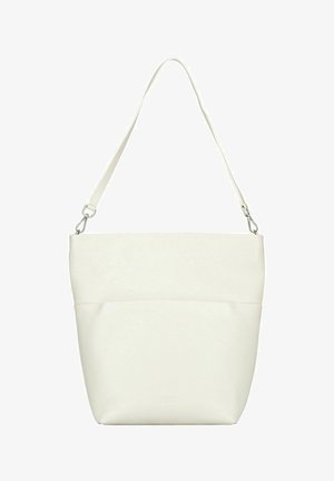 Sac à bandoulière en cuir blanc avec bandoulière réglable et fermoirs argentés, avec un design minimaliste et une finition texturée.