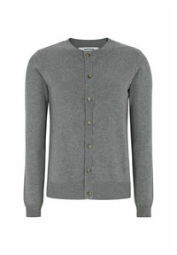 Grey cardigan made of soft knit fabric, featuring a round neckline, long sleeves, and seven golden buttons down the front.