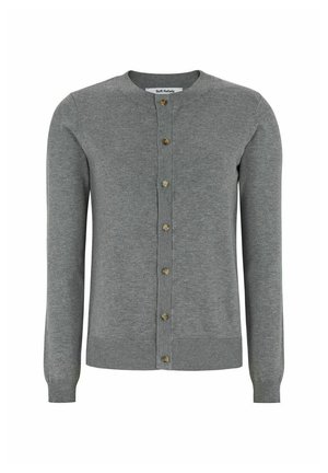 Grey cardigan made of soft knit fabric, featuring a round neckline, long sleeves, and seven golden buttons down the front.