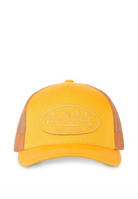 Casquette de camionneur jaune avec un visière incurvée, des côtés en maille, et un patch logo en relief portant les mots "Von Dutch CALIFORNIA" sur le devant.