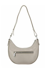 Sac à épaule en cuir beige au design courbé, avec une poche zippée sur le devant et une fine sangle réglable. Accents en matériel argenté visibles.