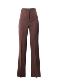 Pantaloni marroni a gamba larga in tessuto liscio, con vita aderente, cerniera frontale e pieghe sulla gamba.