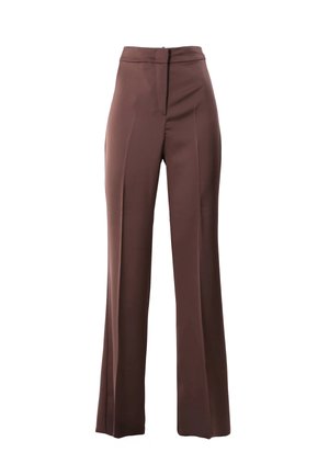 Pantaloni marroni a gamba larga in tessuto liscio, con vita aderente, cerniera frontale e pieghe sulla gamba.