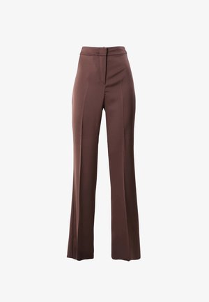 Pantaloni marroni a gamba larga in tessuto liscio, con vita aderente, cerniera frontale e pieghe sulla gamba.