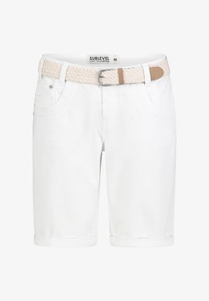 White knee-length shorts with rolled cuffs and a light beige woven belt fastened at the waist.