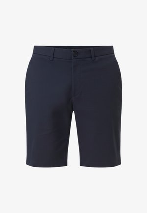 Pantalones cortos azul marino a medida con trabillas para cinturón, cierre frontal con botones y un acabado de tela lisa y sencilla.