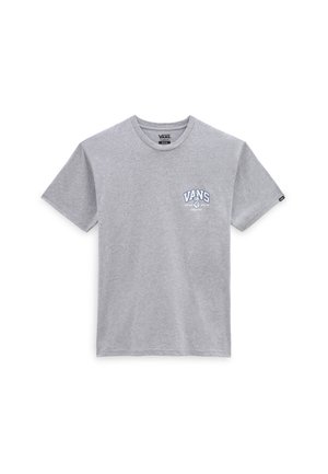 T-shirt en coton gris à manches courtes, col rond, avec le logo Vans en blanc et bleu sur le côté gauche de la poitrine. Texture douce, design décontracté.