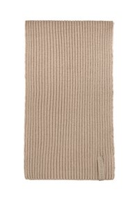 Écharpe en tricot beige fabriquée à partir d'un tissu texturé. Présente un motif côtelé et une petite étiquette sur un bord. Mesure environ de forme rectangulaire.