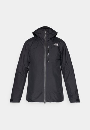 Black waterproof jacket with a hood, full-length zipper, and mesh lining. Features logo on the chest and adjustable cuffs. Plain design.