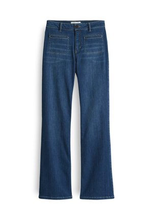 Dunkelblaue Jeans aus Denim mit geradem Bein, ausgestattet mit einem klassischen Fünf-Taschen-Design und dezenten Verwaschungen an den Beinen.