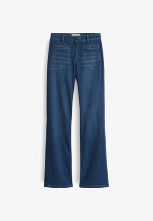 Dark blue denim jeans with a straight leg design, featuring a classic five-pocket layout and subtle fading details on the legs.