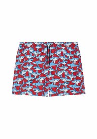 Bañador con un fondo rojo vibrante decorado con patrones repetidos de tiburones en azul y blanco. Cintura elástica con un detalle de cordón.