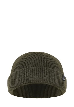 Knit beanie in olive green with ribbed texture. Features a folded cuff and a small black logo tag on the side.