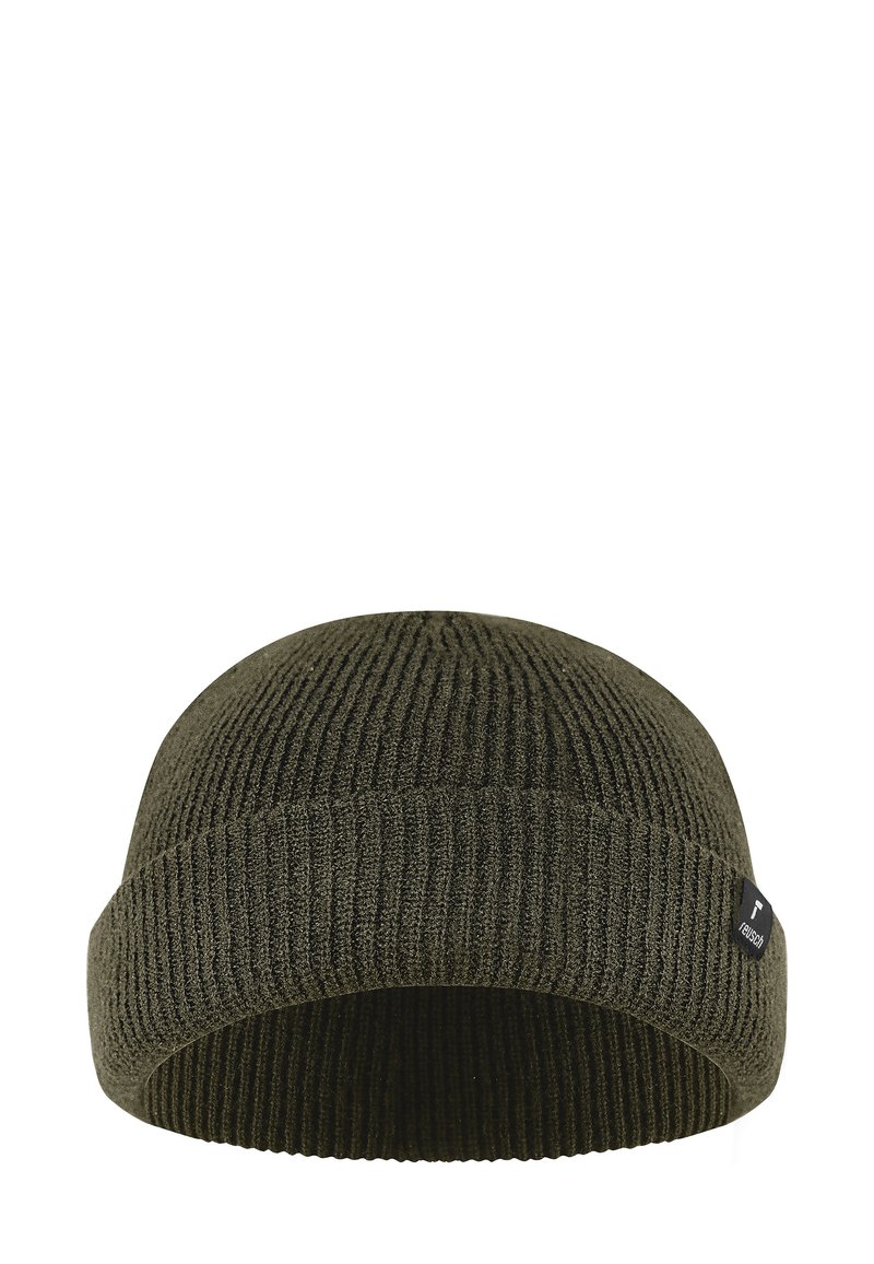 Vihreä oliivinvärinen neulepipo, jossa on ribbitekstuuri. Varustettu käännetyllä reunalla ja pienellä mustalla logo-tarralla sivussa.