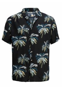 Korte mouwen zwart shirt met een palmboomprint in groen, blauw en beige. Gemaakt van lichte stof met een kraag en knopen aan de voorkant.