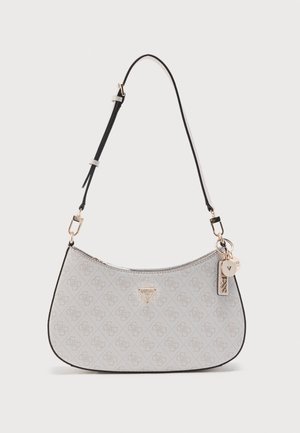 White designer handbag with monogram pattern, black adjustable shoulder strap, gold-tone logo and keychain charms.